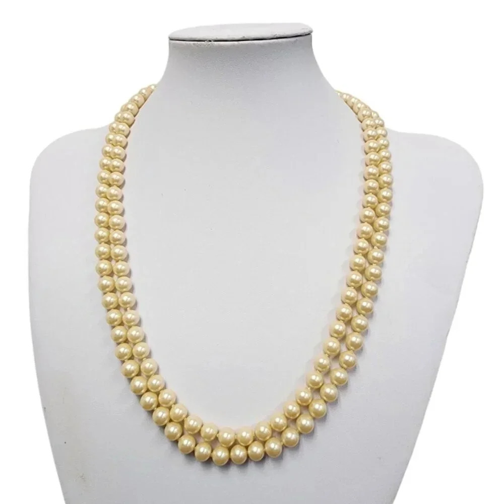 Vintage Double Strand Beaded Faux Pearl Brooch Pendant Necklace 21 Inch Approx